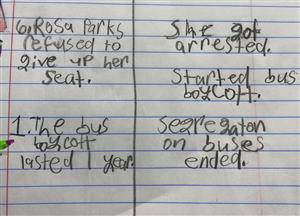 Example of a cause and effect chart about the arrest of Rosa Parks, written on notebook paper 